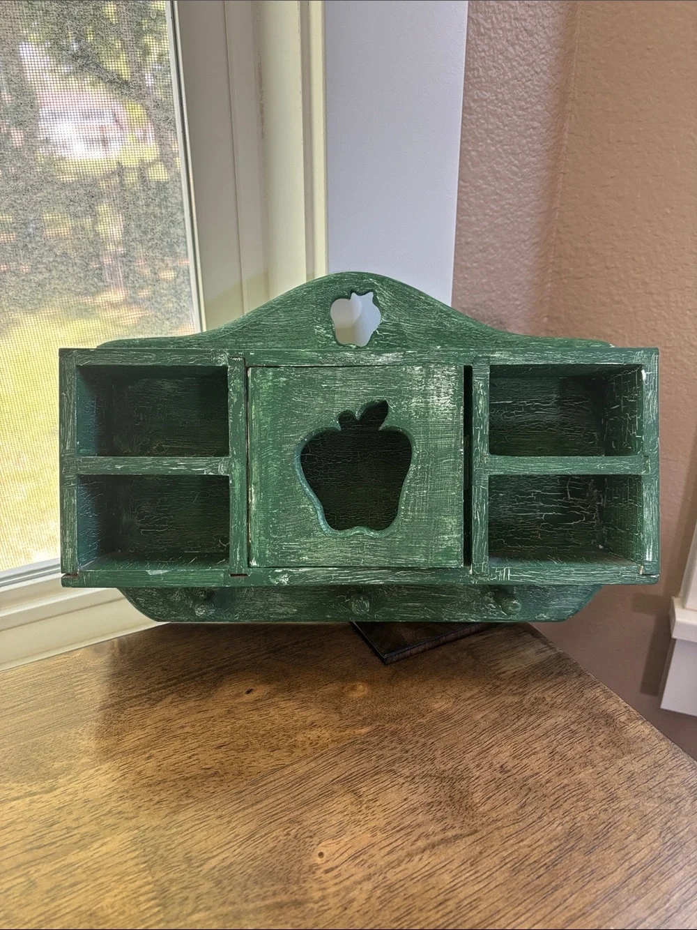 Vintage Rustic Green Apple Wall Shelf with Hooks - Decorative Home Organizer